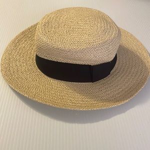 Woven Paper Riverboat hat UNISEX Tan with black ribbon tie OS